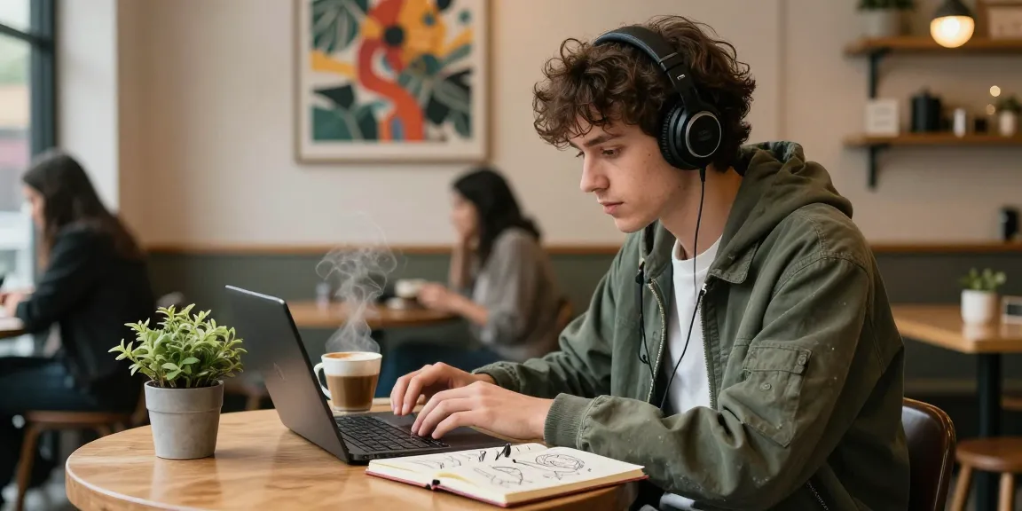 Person enjoying NSFW content in a vibrant café with digital devices and coffee.
