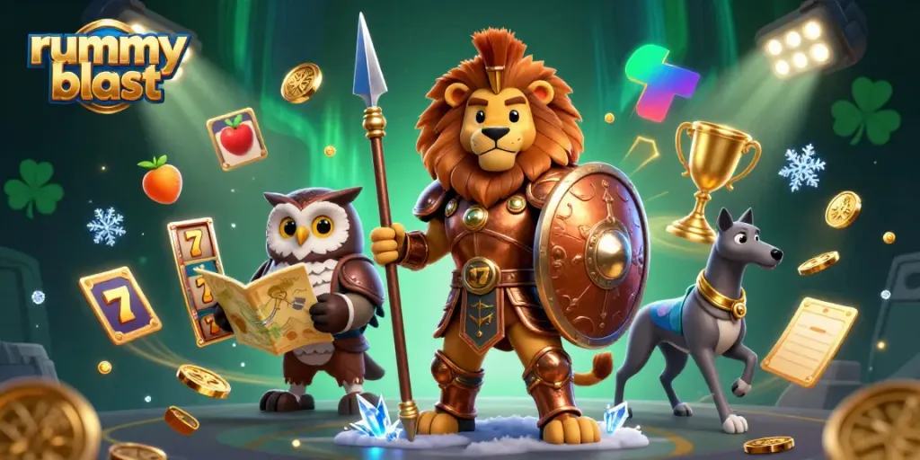 Play rummy blast with vibrant casino-themed elements and dynamic characters for an engaging gaming experience.