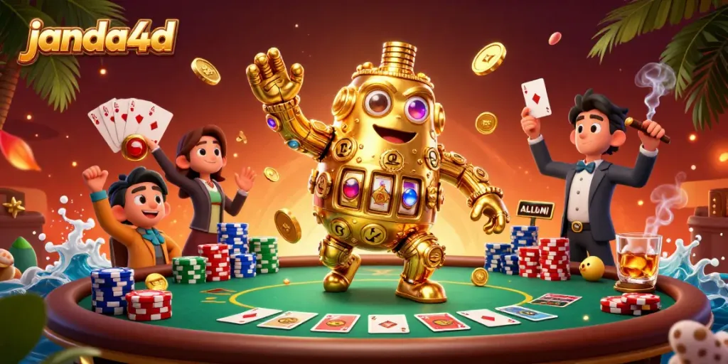 Permainan slot online di janda4d dengan karakter asli, chip poker, dan suasana kasino yang dinamis.