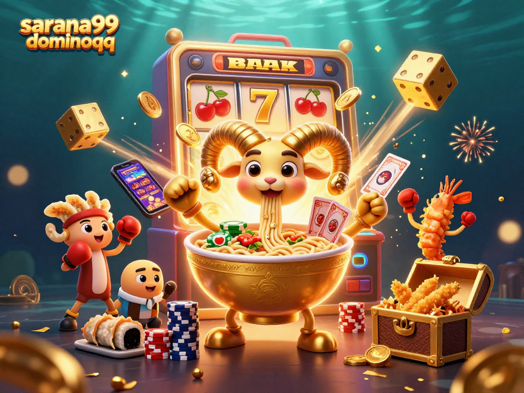 Sarana99 dominoqq showcases a vibrant 3D digital casino scene filled with animated characters and game elements.