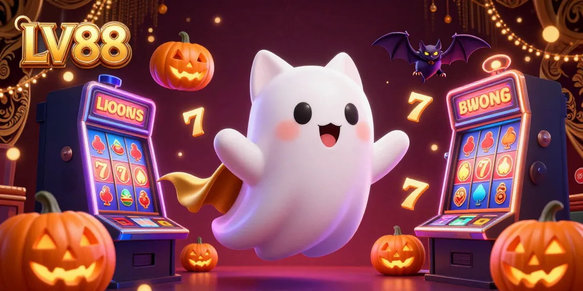 Experience the thrill of gambling at LV88 with a friendly ghost cat and vibrant casino elements.