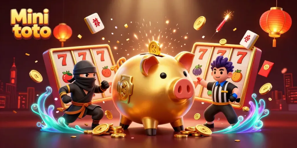 Permainan slot Mini toto diilustrasikan dengan karakter sumo dan ninja dalam suasana festival.