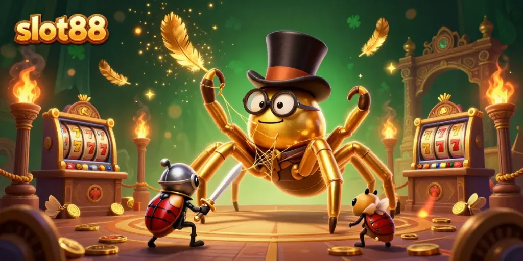 Slot88 menghadirkan ilustrasi kasino yang kaya detail dengan tarantula emas dan ksatria beetle.