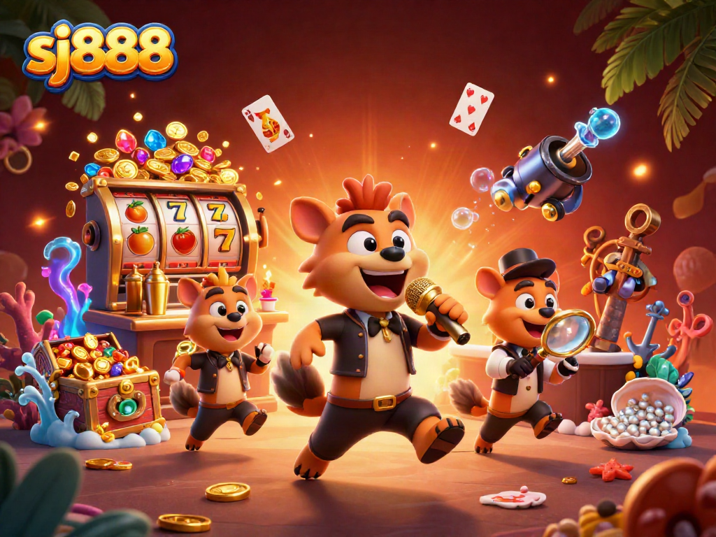 SJ888 showcases a vibrant 3D illustration featuring a comedic casino scene with hyenas, jackpots, and lively elements.