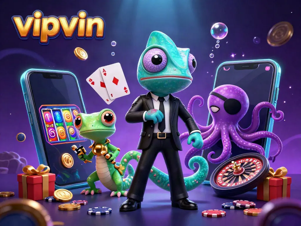 Experience the thrill of vipvin with a vibrant 3D casino scene featuring colorful slot games and playful characters.