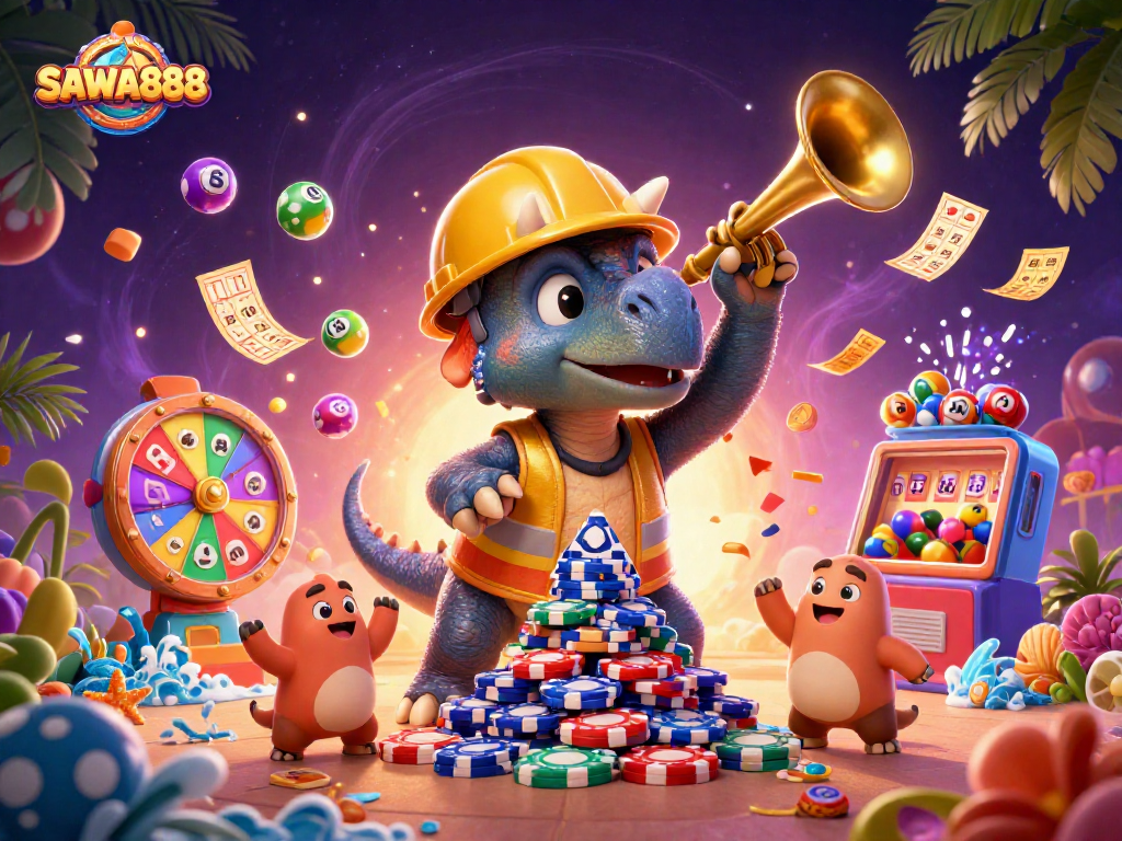 Celebrate the excitement of SAWA888 with a vibrant 3D casino scene featuring joyous characters and dynamic gaming elements.