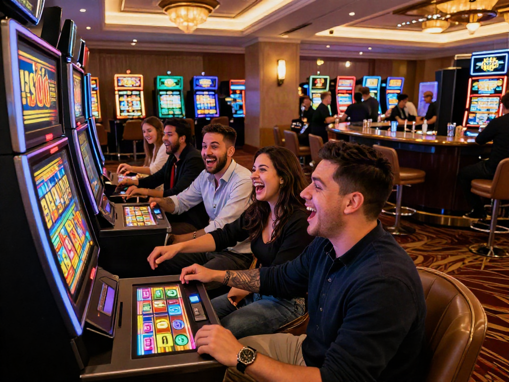 Friends enjoying the excitement of slot108 gaming at a vibrant casino.