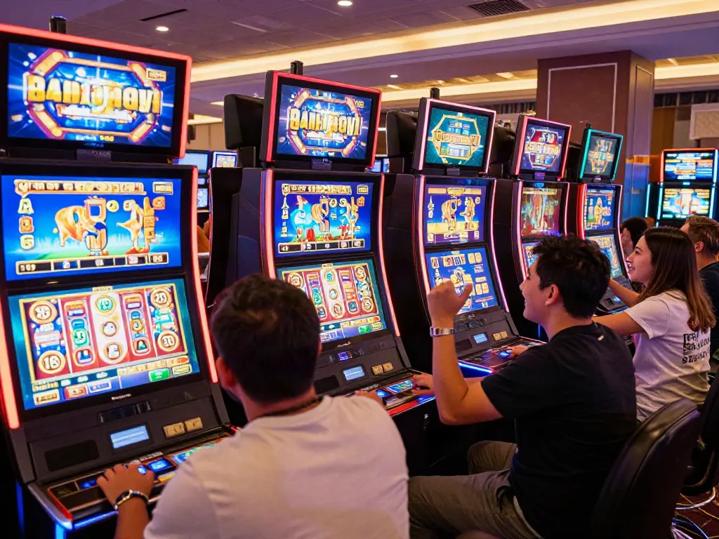 Exciting slot online gaming scene with players celebrating wins in a vibrant casino atmosphere