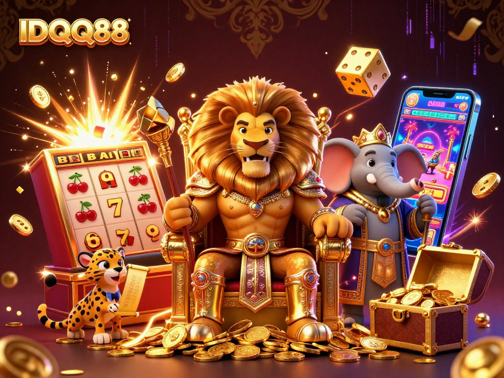 Join the excitement at IDQQ88 with a thrilling scene featuring a lion king, wise elephant, and fast cheetah surrounded by slot machines and jackpot wins!