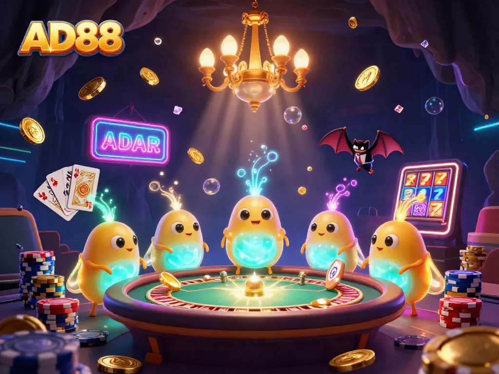 Experience thrilling gaming at AD88 with bioluminescent glowworms lighting up a vibrant casino scene.
