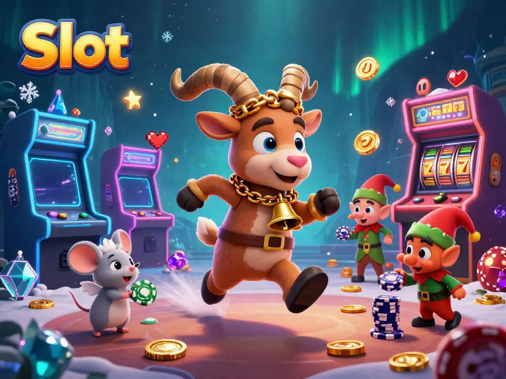 Slot yang menarik dengan Karakter Krampus dan sekelompok peri di kasino, penuh dengan elemen permainan.