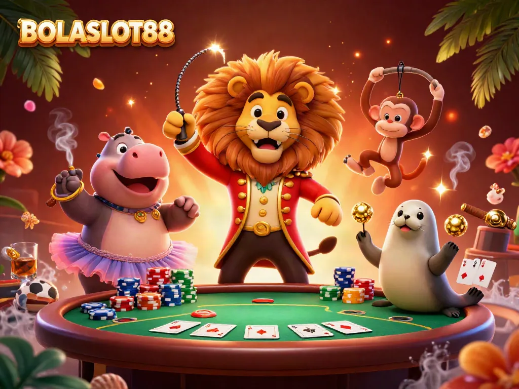 BOLASLOT88 brings the thrill of gaming with a vibrant circus-themed scene featuring cartoon characters and poker elements.