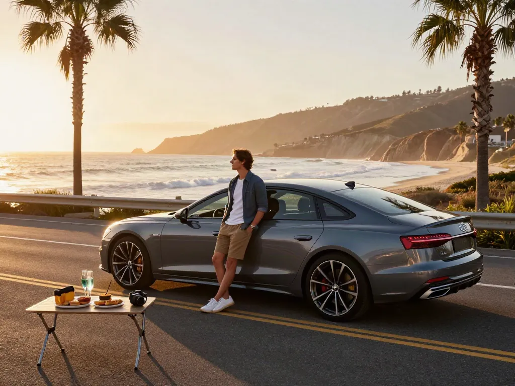 A stylish A80 platform vehicle parked on a scenic coastal highway, capturing the essence of automotive adventure.