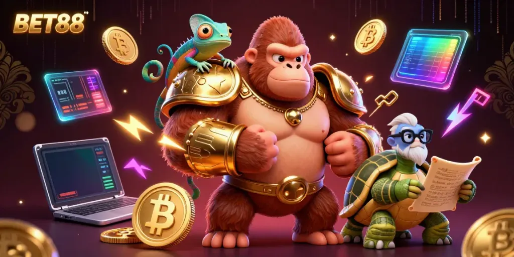 Experience the excitement of BET88 with a vibrant 3D scene featuring a powerful gorilla king and dynamic characters in a captivating casino environment.