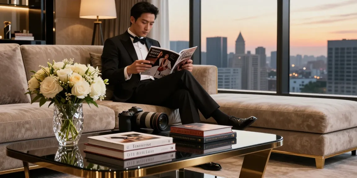 Interior mewah dengan gaya hidup luxury111, orang berpakaian rapi membaca majalah mode di ruang tamu elegan.