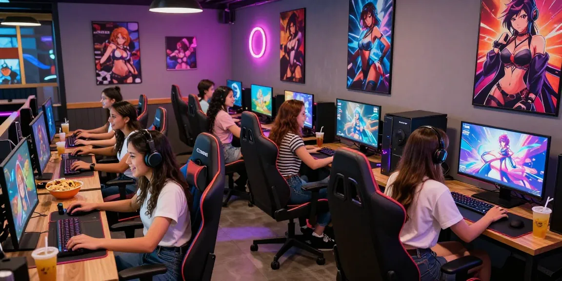 Experience the excitement of female hentai games in a vibrant gaming café filled with players and immersive visuals.