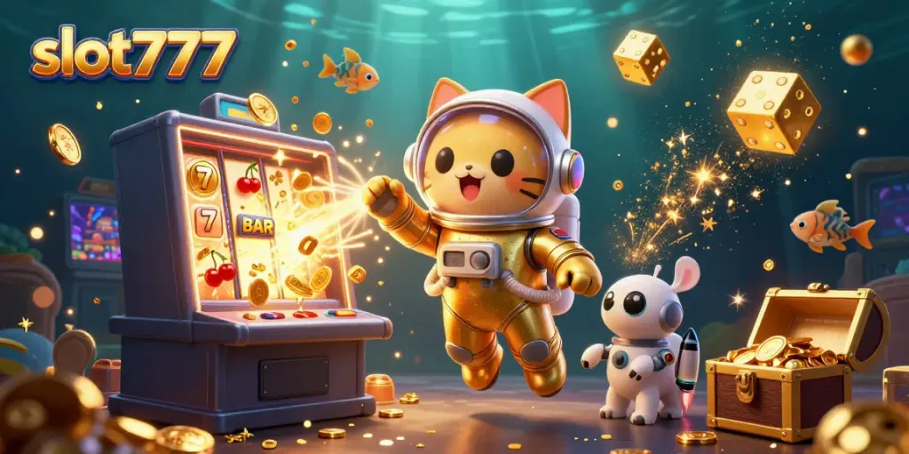 Experience thrilling moments on slot777 with a cartoon cat astronaut and dynamic casino visuals.