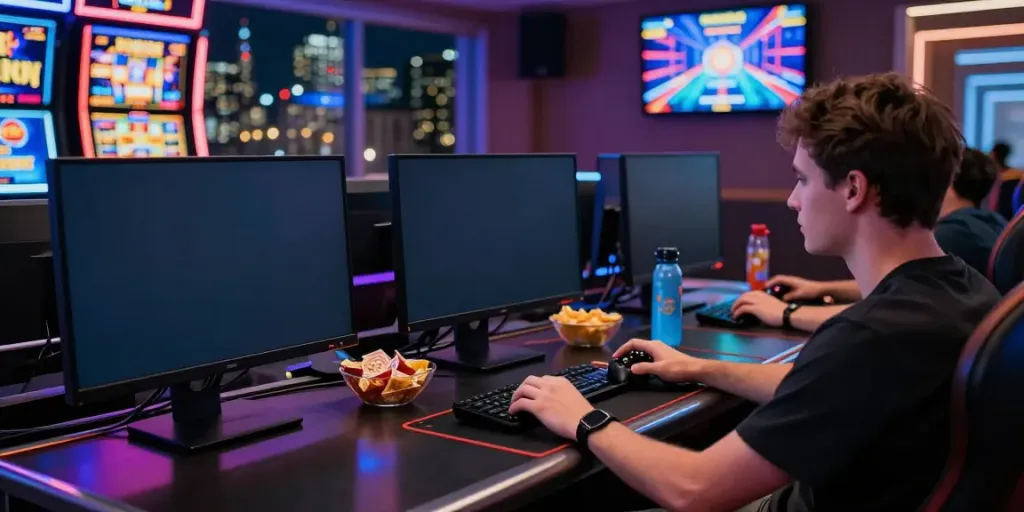 Player enjoying online gaming at akunjp virtual casino with vibrant visuals and modern setup.
