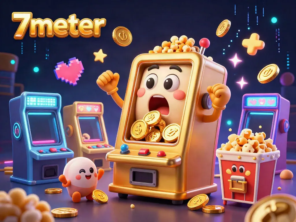 Experience thrilling gameplay with 7meter as coins overflow from a jackpot-winning slot machine in this vibrant 3D illustration.