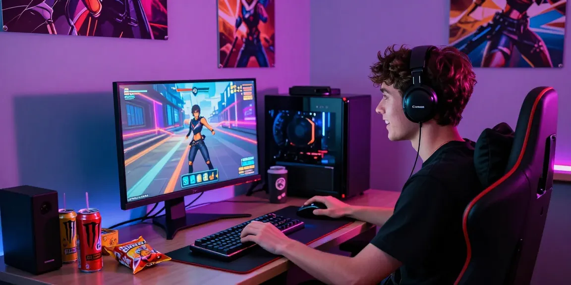 Exciting gamer playing a 3d ecchi game in a colorful gaming setup.
