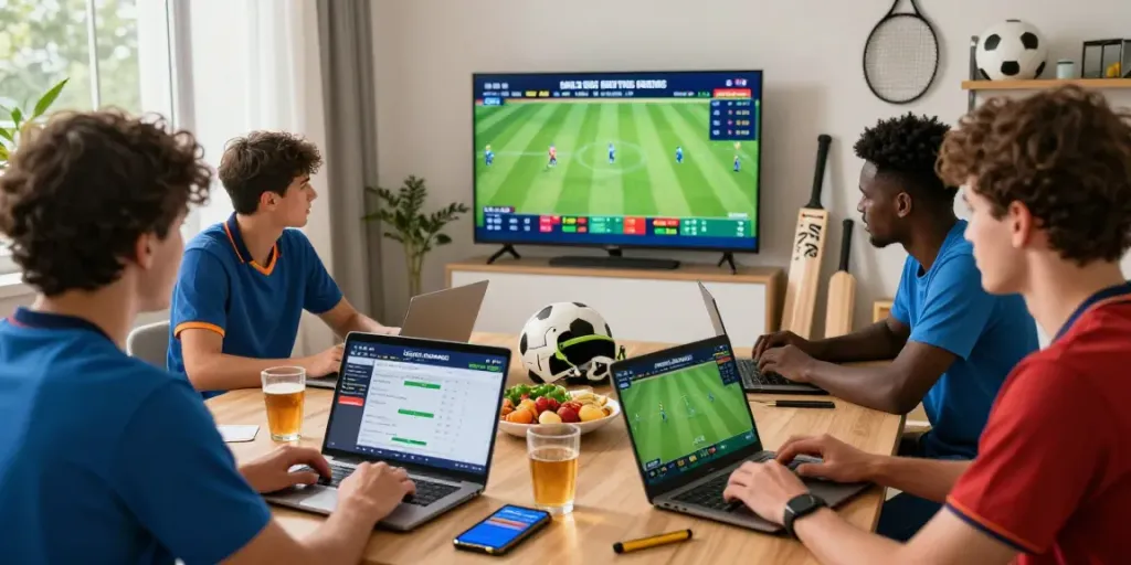 Engaging online betting scene with players using lotus365 for cricket, football, and tennis, showcasing dynamic interactions and excitement.