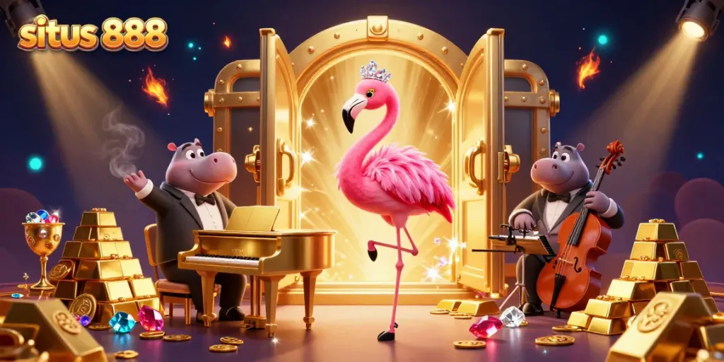 Menangkan jackpot di situs 888 dengan penyanyi flamingo dan musisi hippo yang menghibur di kasino.