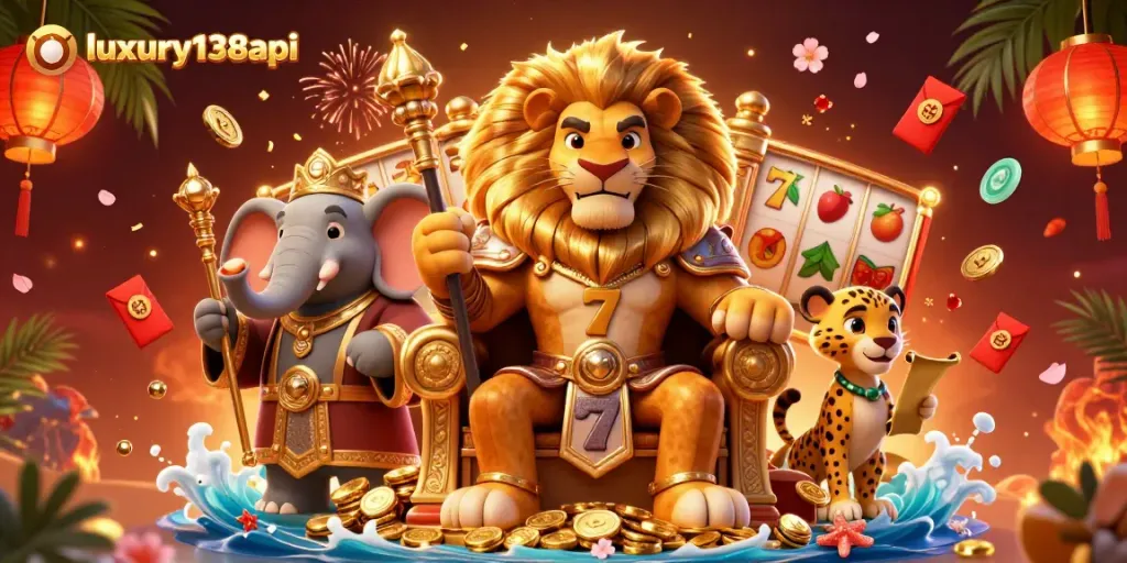 Experience premium gaming thrills with luxury138api; vibrant casino scene featuring iconic slot symbols.