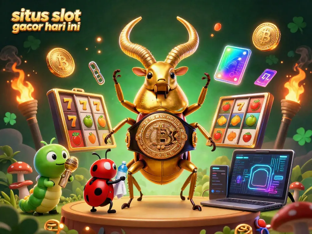 Slot gacor hari ini dengan karakter kartun, slot, dan simbol keberuntungan.