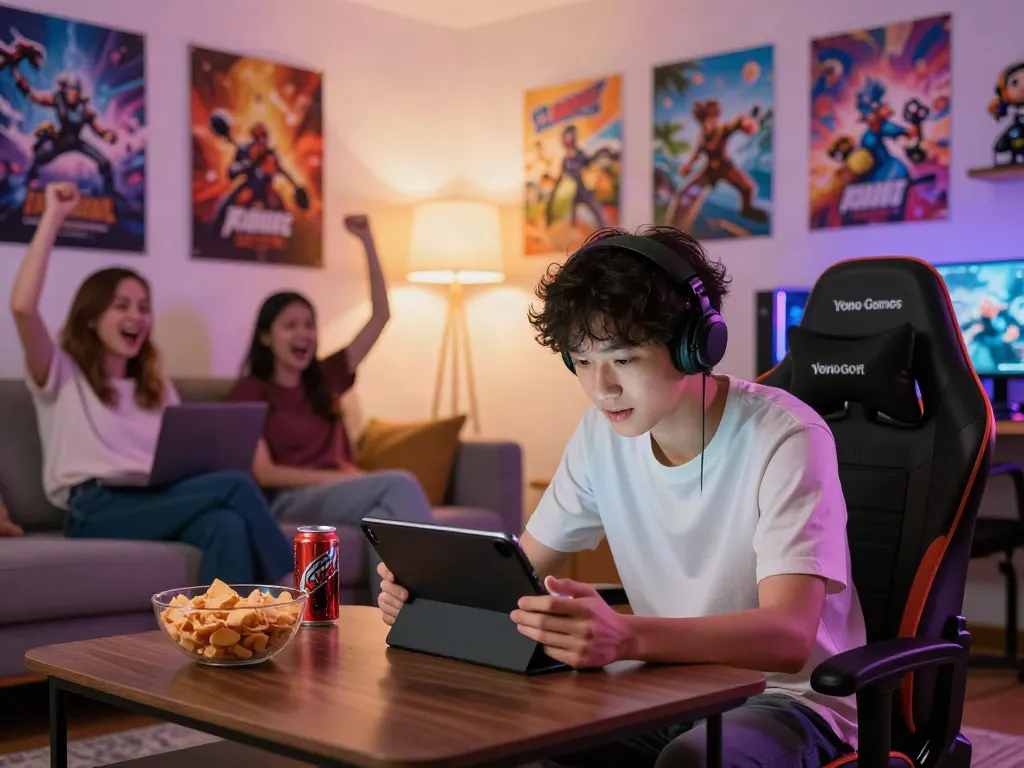Engaging young adult playing yono games on a tablet in a cozy living room.