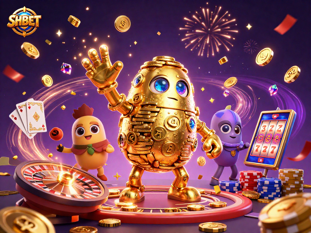 Engage with SHBET's thrilling casino experience featuring massive golden golem and dynamic game elements.