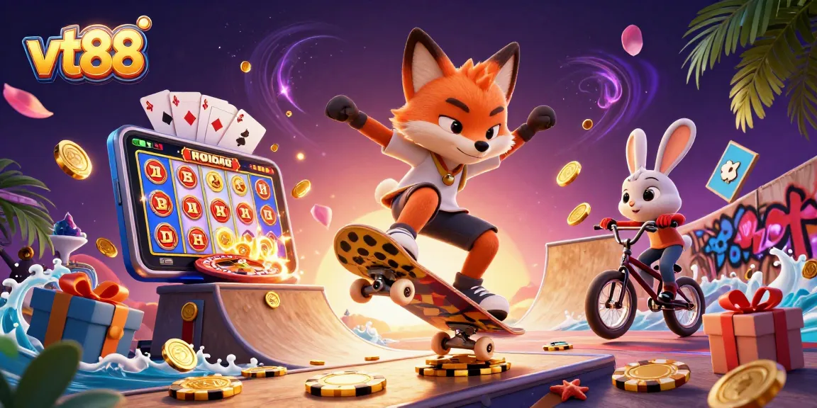 vt88 showcases thrilling 3D cartoon characters at a vibrant casino setting, featuring a fox and rabbit.