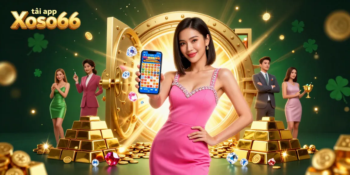 Win big by downloading tải app Xoso66, featuring a confident woman showcasing a live lottery game.