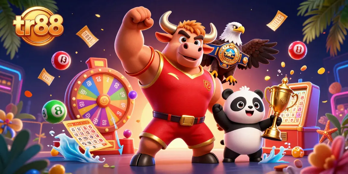 Engage with tr88 casino winnings as a lively mascot trio celebrates with prizes and lottery elements.