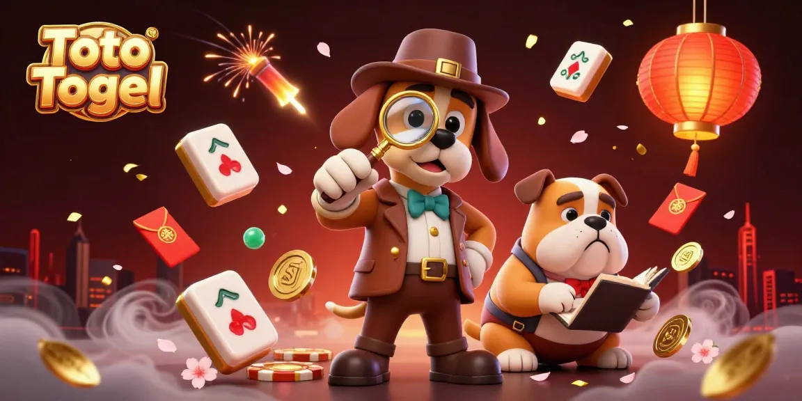 Toto Togel cartoon scene featuring a detective bloodhound examining a poker chip with festive gambling elements.