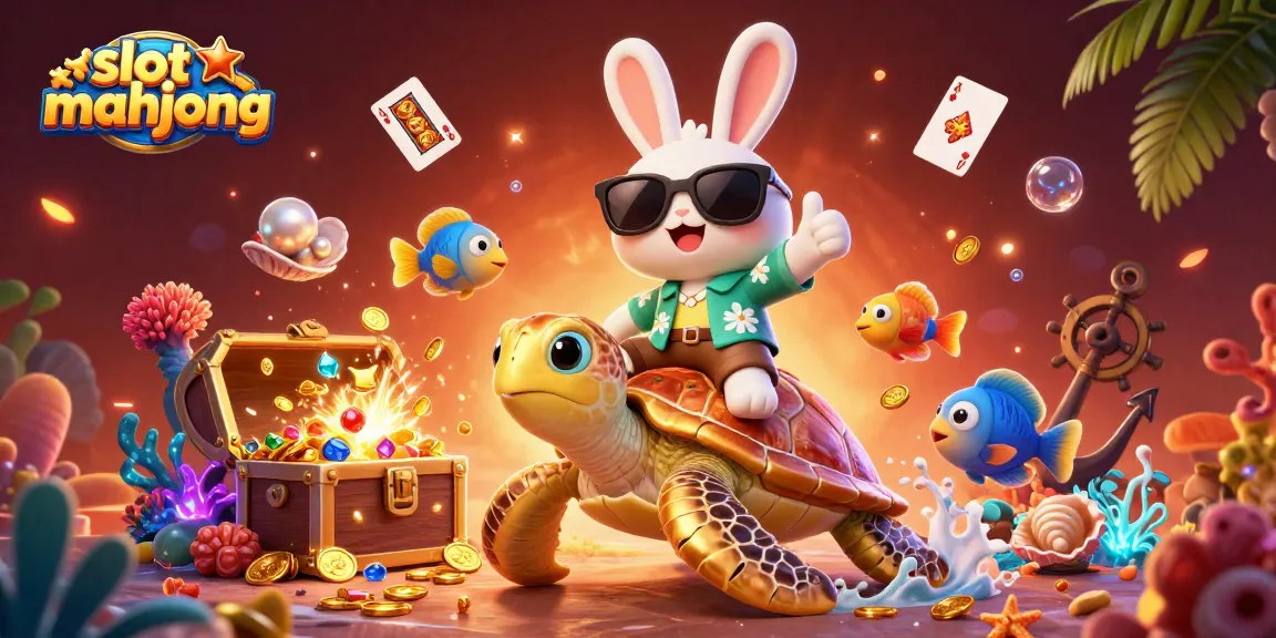 Experience slot mahjong adventures with a lucky rabbit and golden turtle amidst colorful casino elements.