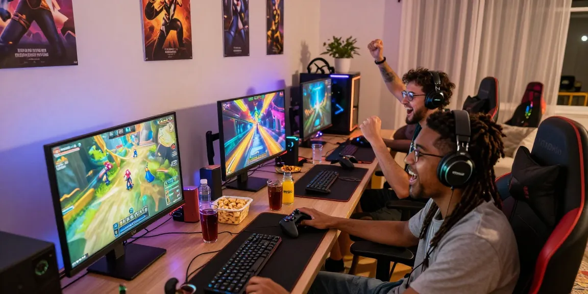 Friends enjoying an exciting session of KO66 online gaming at home with vibrant visuals and snacks.