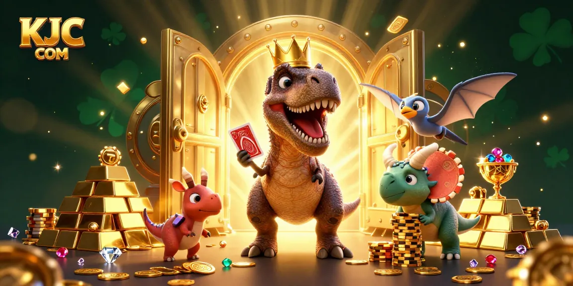 Experience the excitement of KJC COM with a T-Rex dealing cards and a baby triceratops stacking chips in a vibrant casino scene.