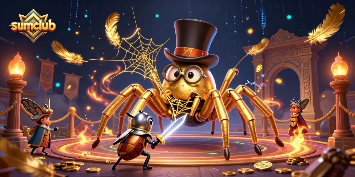 Experience thrilling gameplay at Sumclub with the golden tarantula and knight in a vibrant casino scene.