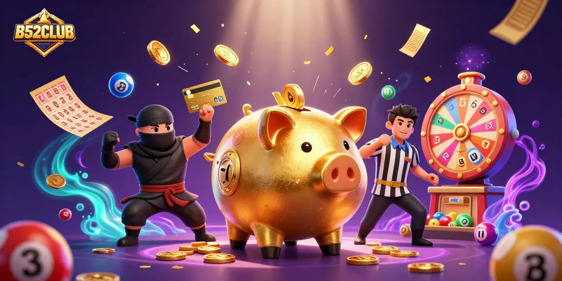 Engage with B52CLUB's vibrant casino action featuring dynamic characters, coins, and lottery elements.