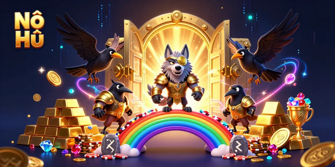 Experience Nổ Hũ excitement with Odin and ravens beside jackpot treasures in a dazzling scene.