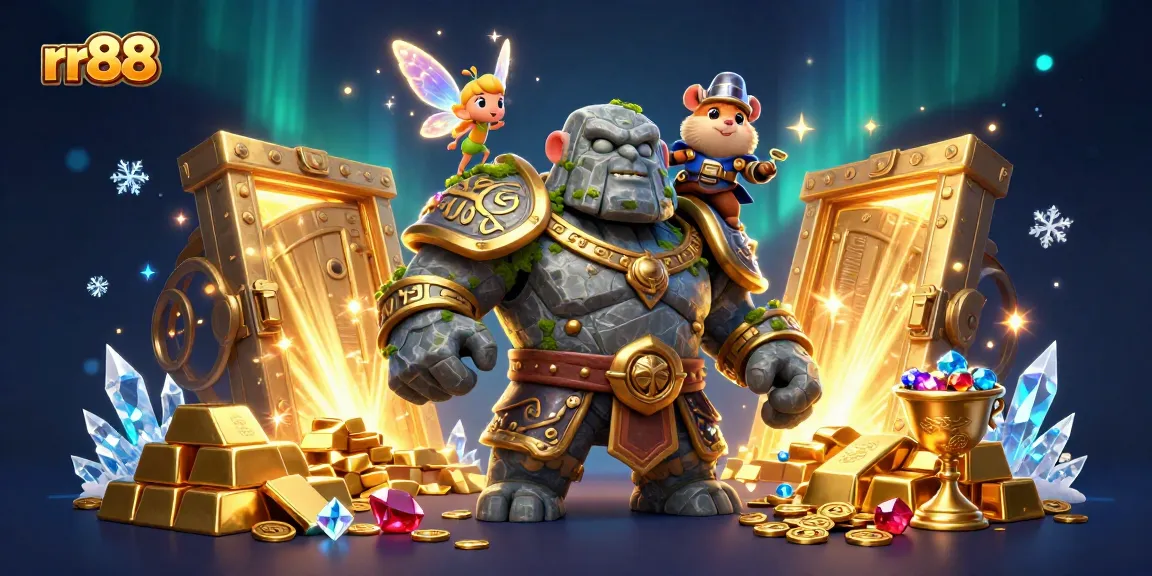 Engage with rr88's vibrant casino fantasy scene featuring a stone golem, fairy, and hamster knight amidst treasures.