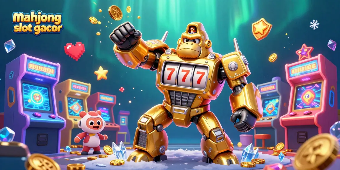 Engage with mahjong slot gacor in this vibrant scene featuring a golden gorilla mech and dynamic game elements.