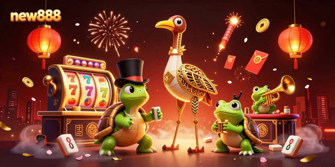 Experience the vibrant world of new888 with a rich illustration of casino games and characters.