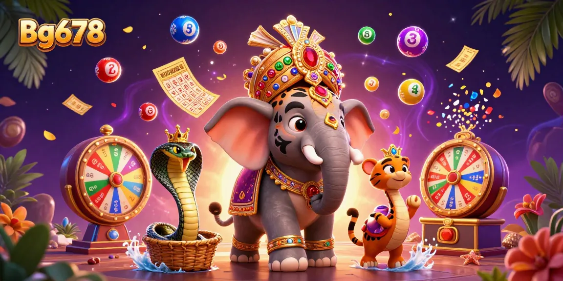 Win big with Bg678, featuring a vibrant 3D scene of gaming excitement, lively lottery elements, and classic casino flair.