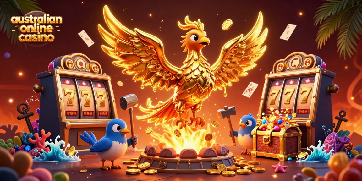 A vibrant scene depicting the australian online casino experience with a molten metal phoenix and exciting game elements.