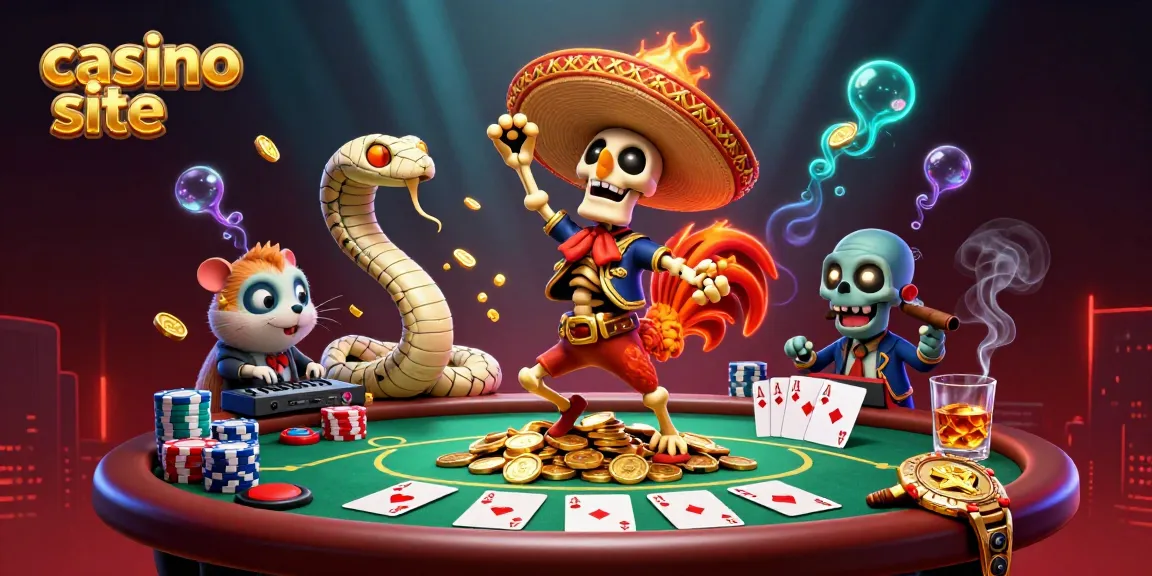 Celebrate wins at a casino site with a mariachi rooster dancing amidst poker chips and vibrant imagery.