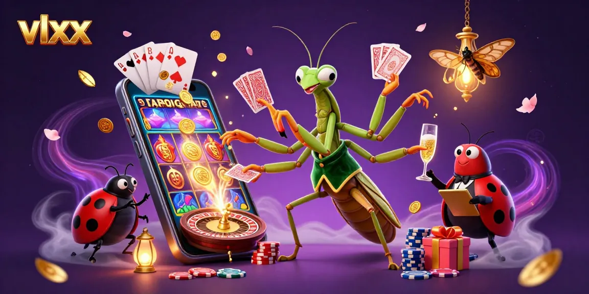 Engage with vlxx as a vibrant illustration of a casino scene featuring a mantis dealer and ladybug pit boss.