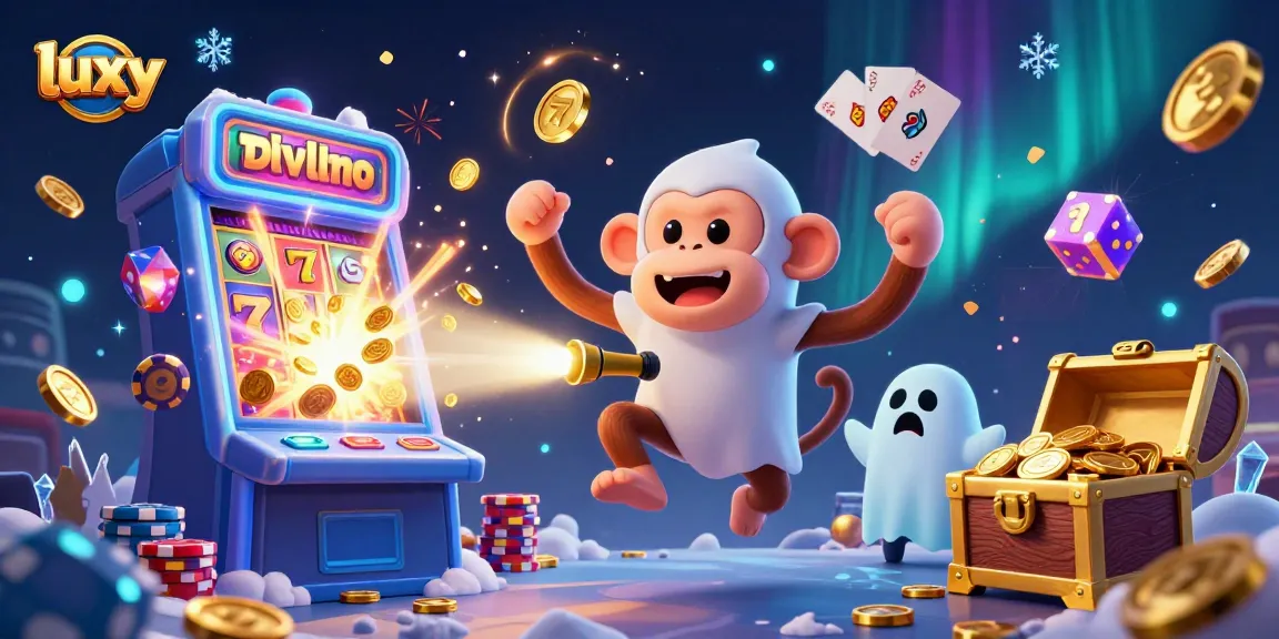 Experience the vibrant luxy casino scene with a poltergeist monkey juggling treasures and a ghost-hunter puppy.