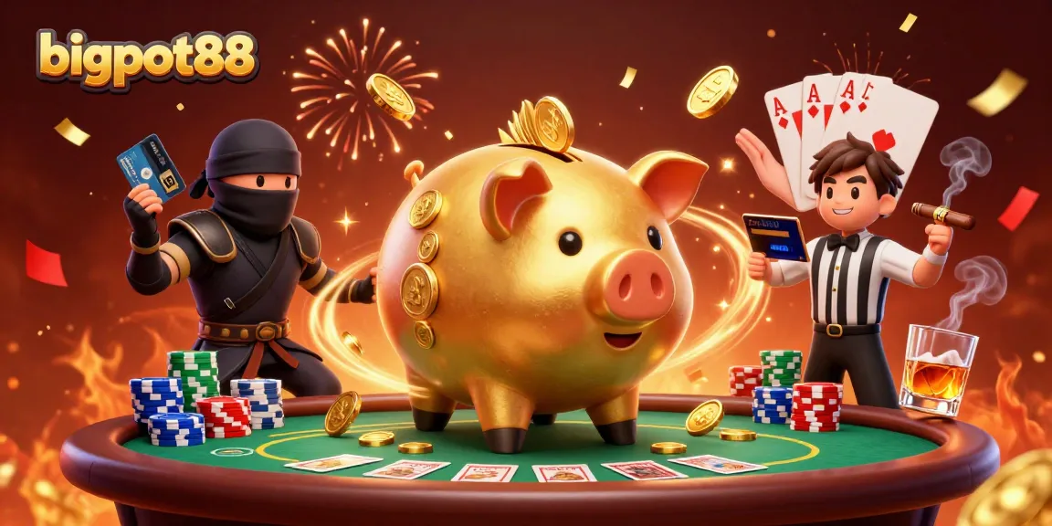 Engaging illustration of bigpot88 featuring a golden piggy bank sumo wrestler and dynamic casino elements.