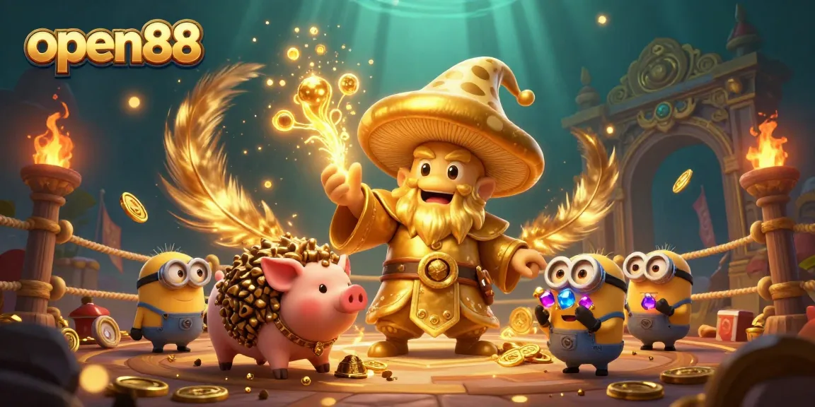 Experience exciting gameplay at open88 with a golden wizard, treasure, and vibrant casino elements.